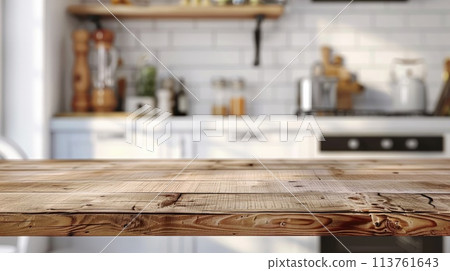 Wooden tabletop against blurred kitchen background for product mockups and display montages on scandinavian style 113761643