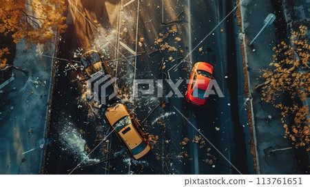 top view of a dangerous car crash incident on the road, top view collision. 113761651