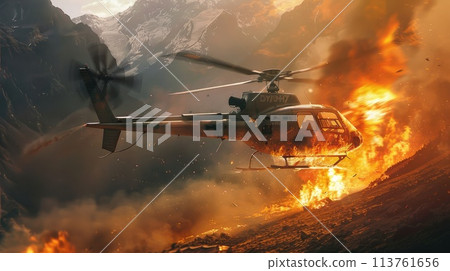 a burning Helicopter crash in the valley. 113761656