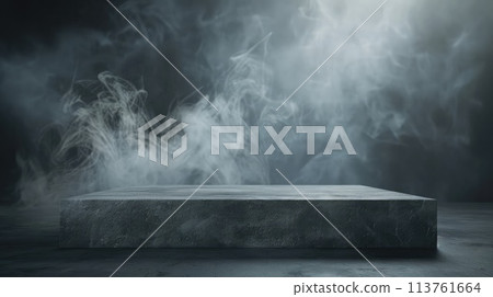 Gray textured concrete platform, podium or table with smoke in the dark. 113761664