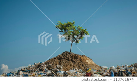 a young tree growing from a mountain of landfill, household waste garbage over a blue sky 113761674