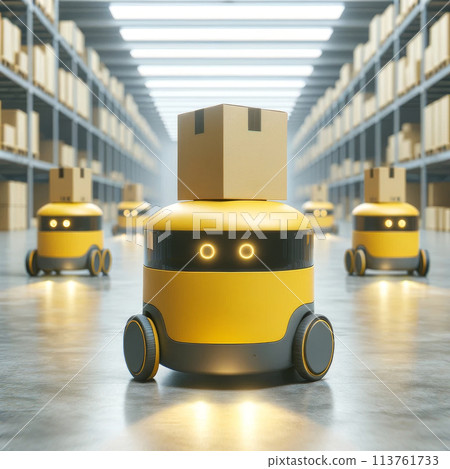 Autonomous yellow robots with packages in futuristic warehouse setting. Smart logistics and AI concept 113761733