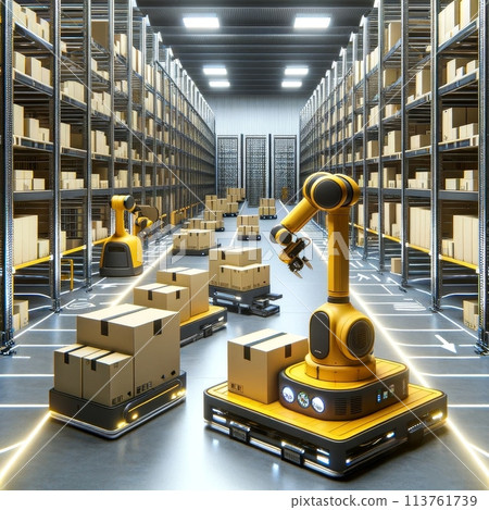 Autonomous yellow robots with packages in futuristic warehouse setting. Smart logistics AI concept 113761739