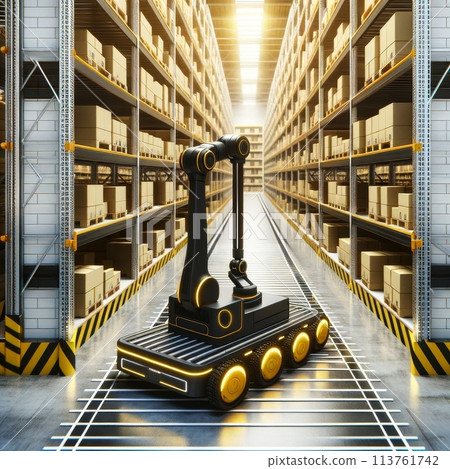 Autonomous yellow robots with packages in futuristic warehouse setting. Smart logistics AI concept Autonomous yellow robots with packages in futuristic warehouse setting. Smart logistics AI concept 113761742