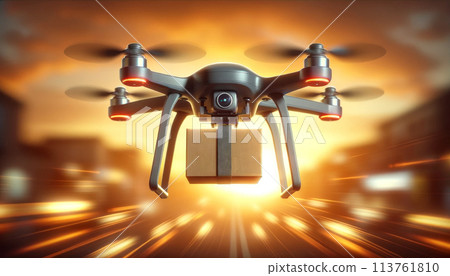 Close-up of a drone delivering a package, a box of online orders, delivery on yellow background 113761810