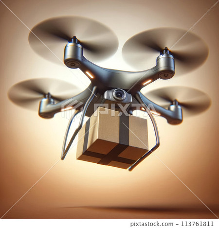 Close-up of a drone delivering a package, a box of online orders, delivery on yellow background 113761811