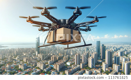 Aerial drone carrying package over an urban cityscape at sunset. Urban technology, commerce concept Aerial drone carrying package over an urban cityscape at sunset. Urban technology, commerce concept 113761825