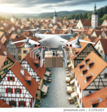 Aerial drone carrying package over rural landscape at sunset. Urban technology, commerce concept 113761837