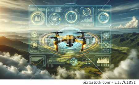 Flying drone over green farmland with a clear sky. Agriculture and technology concept copy space Flying drone over green farmland with a clear sky. Agriculture and technology concept copy space 113761851