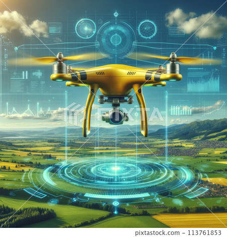 Flying drone over green farmland with a clear sky. Agriculture and technology concept copy space 113761853