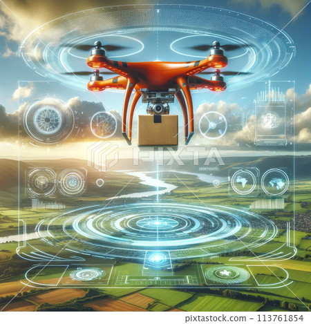 Flying drone over green farmland with a clear sky. Agriculture and technology concept copy space 113761854