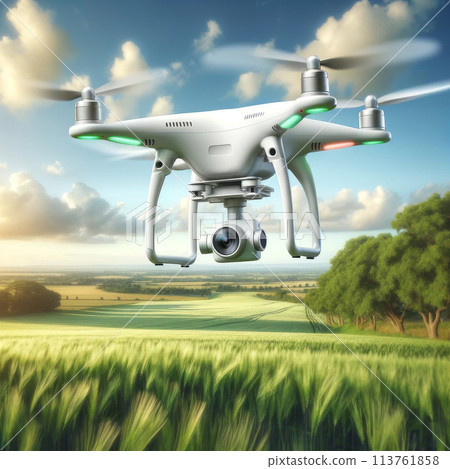 Flying drone over green farmland with a clear sky. Agriculture and technology concept copy space 113761858