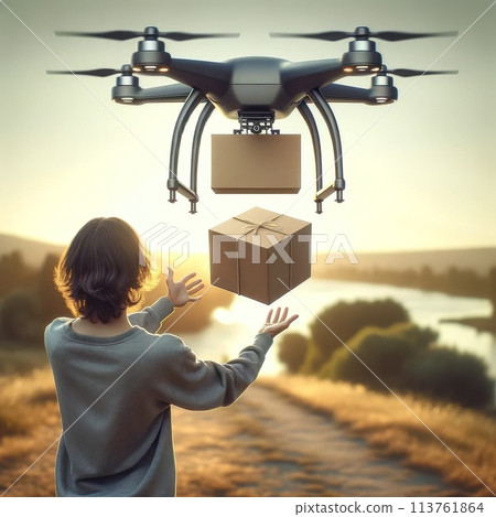 Drone delivering package in a rural setting at sunset. Delivery and futuristic technology concept Drone delivering package in a rural setting at sunset. Delivery and futuristic technology concept 113761864