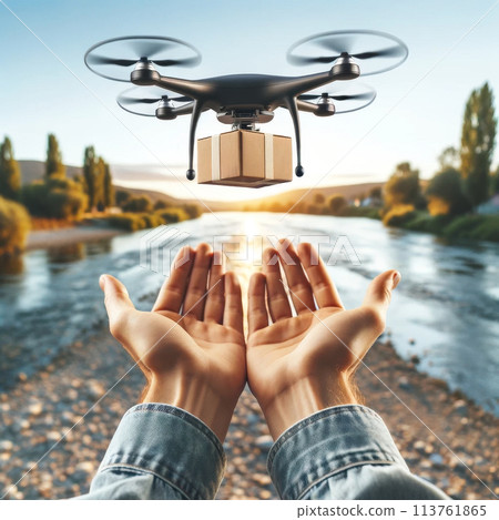 Drone delivering package in a rural setting at sunset. Delivery and futuristic technology concept 113761865