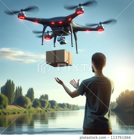 Drone delivering package in a rural setting at sunset. Delivery and futuristic technology concept 113761866