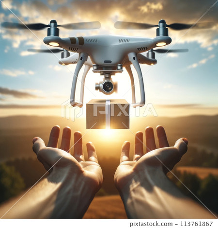 Drone delivering package in a rural setting at sunset. Delivery and futuristic technology concept 113761867