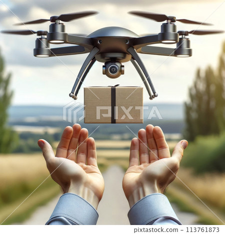 Drone delivering package in a rural setting at sunset. Delivery and futuristic technology concept 113761873