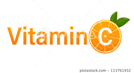 Vitamin C, orange fruit and letter C with two green leaves. Vitamin concept with slice of juicy orange. Healthy complex with chemical formula from nature. Vitamin C, orange fruit and letter C with two green leaves. Vitamin concept with slice of juicy orange. Healthy complex with chemical formula from nature. 113761932