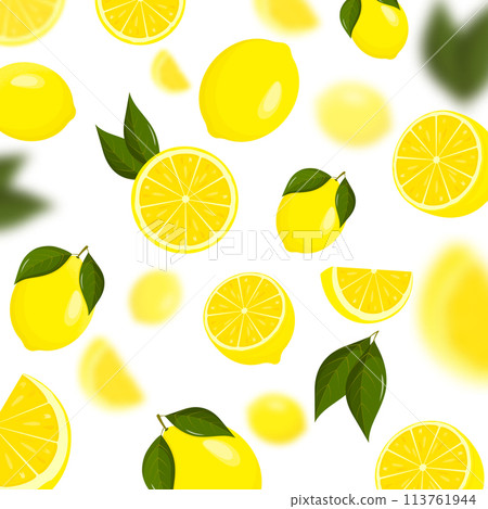 Lemon falling from different angles. Lemon citrus background. Flying Lemon with green leaf on transparent background. Focused and blurry fruits. Realistic 3d vector illustration. 113761944
