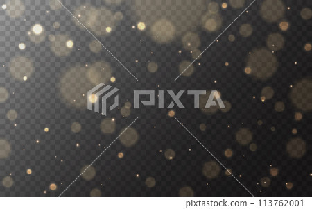 Bokeh gold. Shining particles and lights. Bright circles on transparent background. Glowing flares effect. Warm sparks with glitter. Magic blurred lights. Vector illustration Bokeh gold. Shining particles and lights. Bright circles on transparent background. Glowing flares effect. Warm sparks with glitter. Magic blurred lights. Vector illustration 113762001