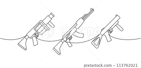 Various modern weapons one line continuous drawing. Grenade launcher, assault rifle AK 47 continuous one line illustration. Vector linear illustration 113762021
