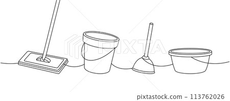 Housekeeping set one line continuous drawing. Floor mop, bucket, toilet plunger, plastic basin continuous one line illustration. Vector illustration. 113762026