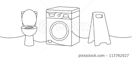 Cleaning service tools one line continuous drawing. Toilet bowl, washing machine, accident prevention sign continuous one line illustration. 113762027