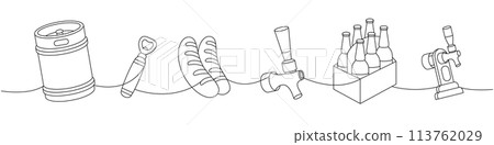 Set of beer one line continuous drawing. Metal keg, bottle opener, sausages, beer tap continuous one line illustration. Vector linear illustration. 113762029