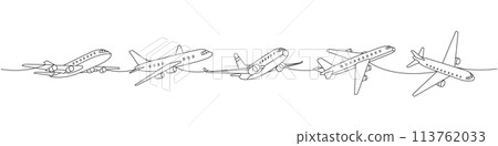Airplane set. Air transport one line continuous drawing. Passenger airplanes continuous one line illustration. Vector minimalist linear illustration 113762033