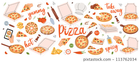 Pizza set. Traditional italian fast food. Restaurant cafe menu. Whole and pieces italian pizza. Vector illustration. 113762034
