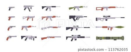 Modern weapons. Military weapons silhouettes. Tactical assault rifles, smoothbore guns. Vector illustration. 113762035