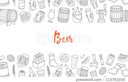 Beer outline banner. Old wooden barrels, cans, glasses, mugs. Brewing process, brewery factory production. Vector illustration. 113762038