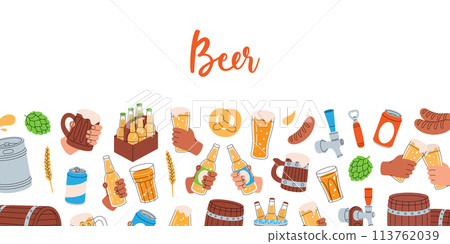 Brewery horizontal banner. Metal keg, bottle opener, sausages, beer tap, glass, mug, bottles. Brewing process, brewery factory. Vector illustration. 113762039