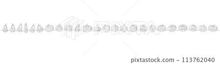 Set of pumpkins faces. Pumpkins with scary faces one line continuous drawing. Autumn halloween vegetables continuous one line illustration. 113762040