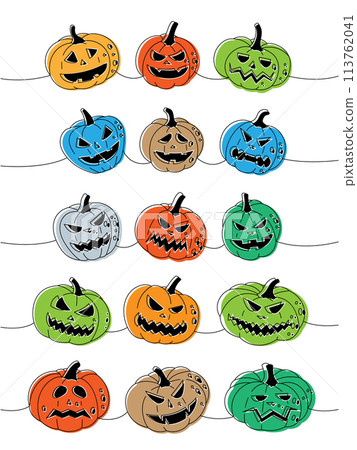 Autumn pumpkins faces. Pumpkins with scary faces one line colored continuous drawing. Autumn halloween vegetables continuous one line illustration. Autumn pumpkins faces. Pumpkins with scary faces one line colored continuous drawing. Autumn halloween vegetables continuous one line illustration. 113762041