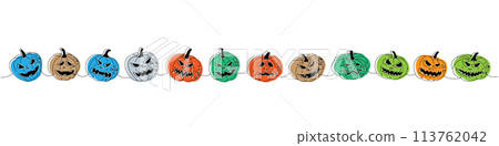 Pumpkins scary faces. Autumn pumpkins with scary faces one line colored continuous drawing. Halloween vegetables continuous one line illustration. 113762042