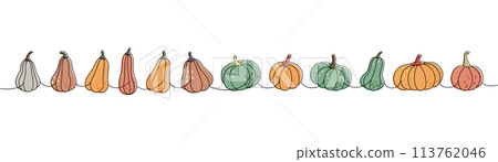 Pumpkins set. Pumpkins one line colored continuous drawing. Autumn halloween vegetables continuous one line illustration. Vector illustration. Pumpkins set. Pumpkins one line colored continuous drawing. Autumn halloween vegetables continuous one line illustration. Vector illustration. 113762046