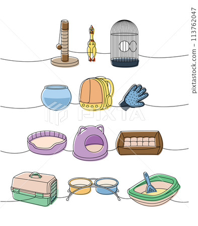 Animal supplies collection. Medal, scissors, nail clippers, brush, fur remover, aquarium, backpack carrier, hair remover glove, portable water bowl 113762047