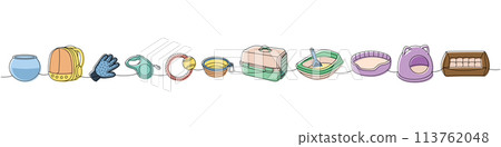 Pet supply assortment. Aquarium, terrarium, backpack carrier, hair remover glove, tape measure leash, dog chew toy, carrying case, dog bowl, 113762048