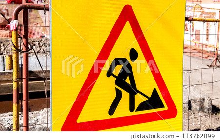 Road works sign at the city street Road works sign at the city street 113762099