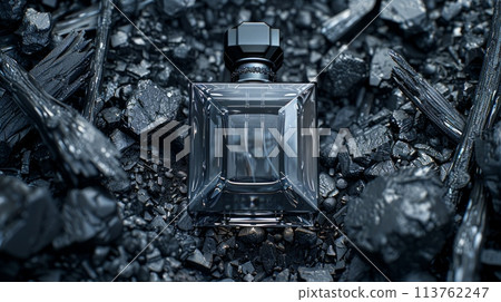 A bottle of perfume delicately rests atop a mound of rugged rocks, creating a striking contrast between elegance and raw nature. 113762247