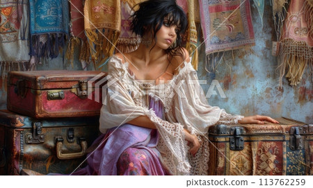 A mesmerizing painting of a young woman sitting gracefully on a vintage suitcase, embodying the spirit of a wanderlust traveler. 113762259
