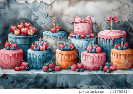 Assorted cakes and cupcakes with pastel frosting, fresh berries, and decorative bows set against a whimsical swirled pastel backdrop 113762814