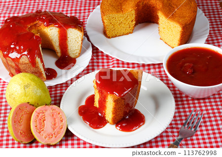 Homemade corn cake with guava paste on a table, selective focus, Typical Brazilian party food 113762998