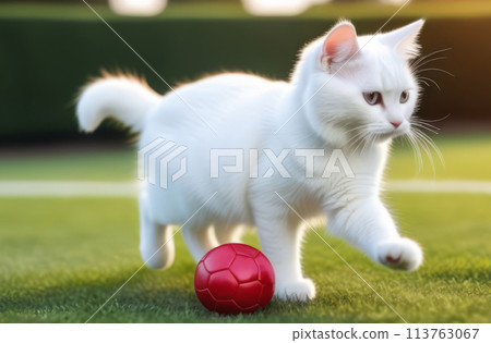 cat plays football on green grass in the garden 113763067