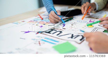 team of UI UX web designer are working together to develop mobile responsive websites with UI UX front end designer previews 113763369