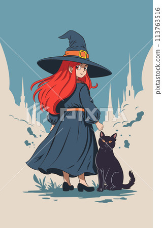A teenage sorceress in a cloak, hat, with a black cat against the background of white cloud towers. A teenage sorceress in a cloak, hat, with a black cat against the background of white cloud towers. 113763516