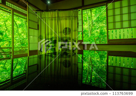 在京都市右京區初夏的耀眼景色中拍攝嵐山遊彩亭的新綠 在京都市右京區初夏的耀眼景色中拍攝嵐山遊彩亭的新綠 113763699