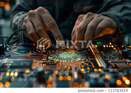 Engineer working on holographic projection 3D model in engine. Generative AI Engineer working on holographic projection 3D model in engine. Generative AI 113763824