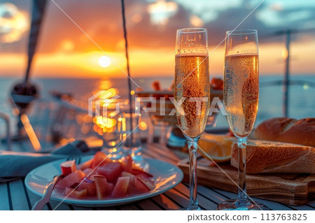 Champagne glasses on the table in Luxury cruise ship. travel concept. Generative AI 113763825